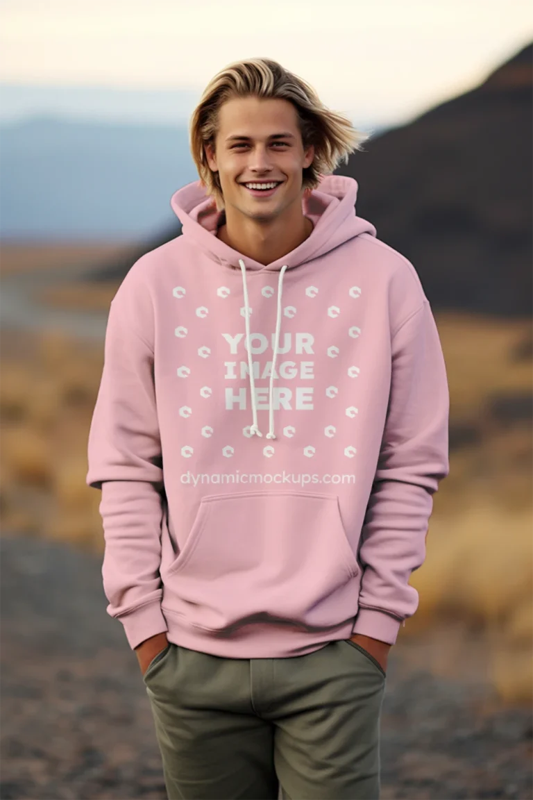 Man Wearing Pink Hoodie Mockup Front View Template