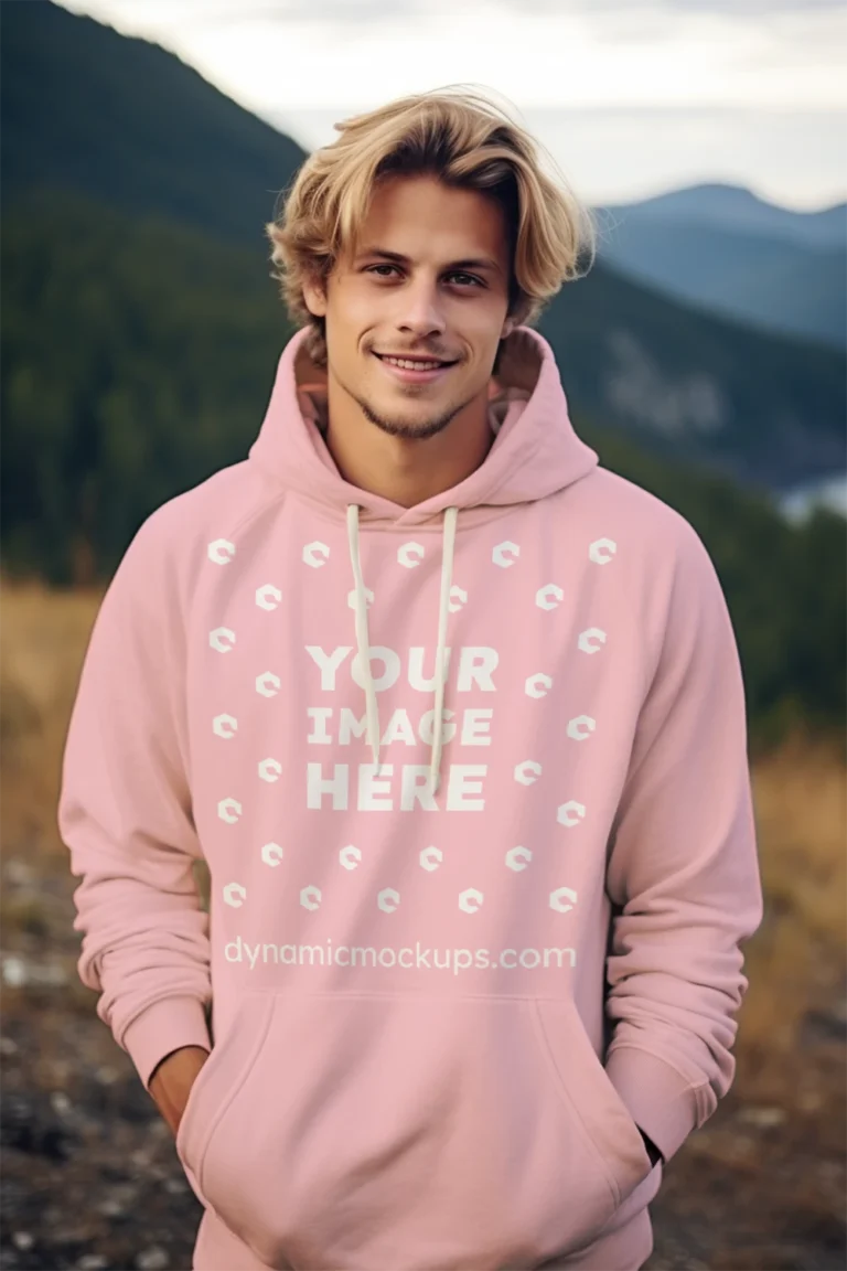 Man Wearing Pink Hoodie Mockup Front View Template