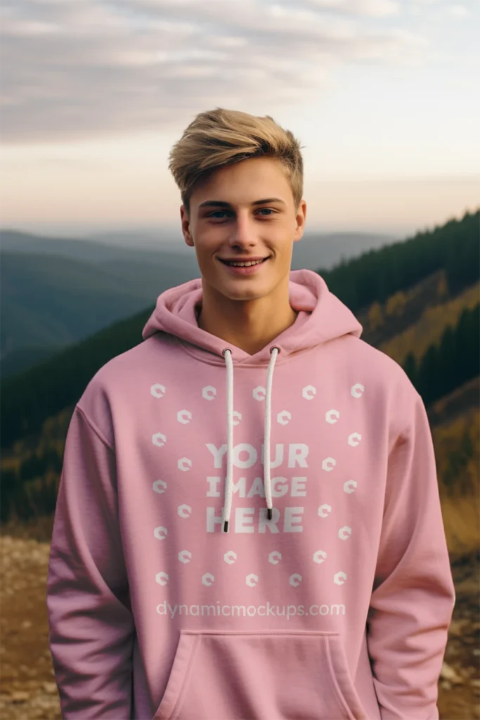 Man Wearing Pink Hoodie Mockup Front View Template