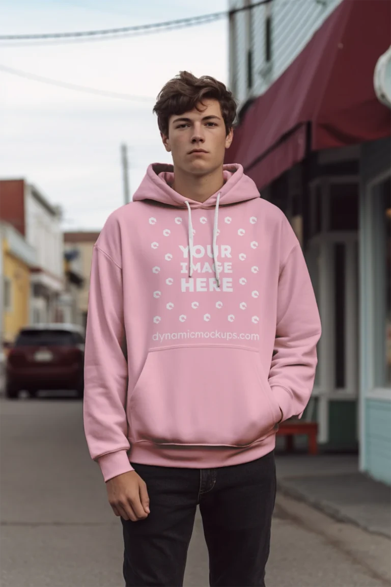 Man Wearing Pink Hoodie Mockup Front View Template