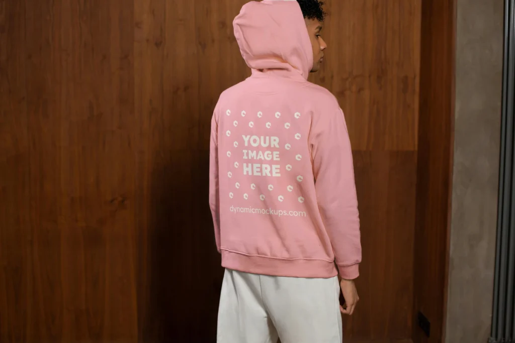 Man Wearing Pink Hoodie Mockup Back View Template