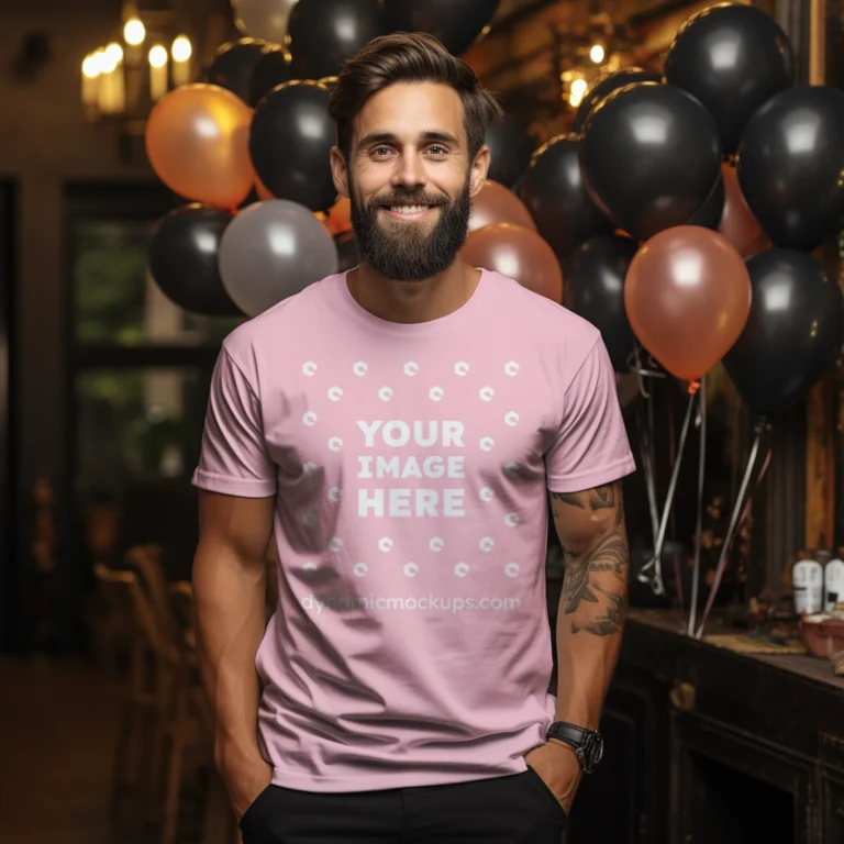 Man Wearing Pink T-shirt Mockup Front View Template