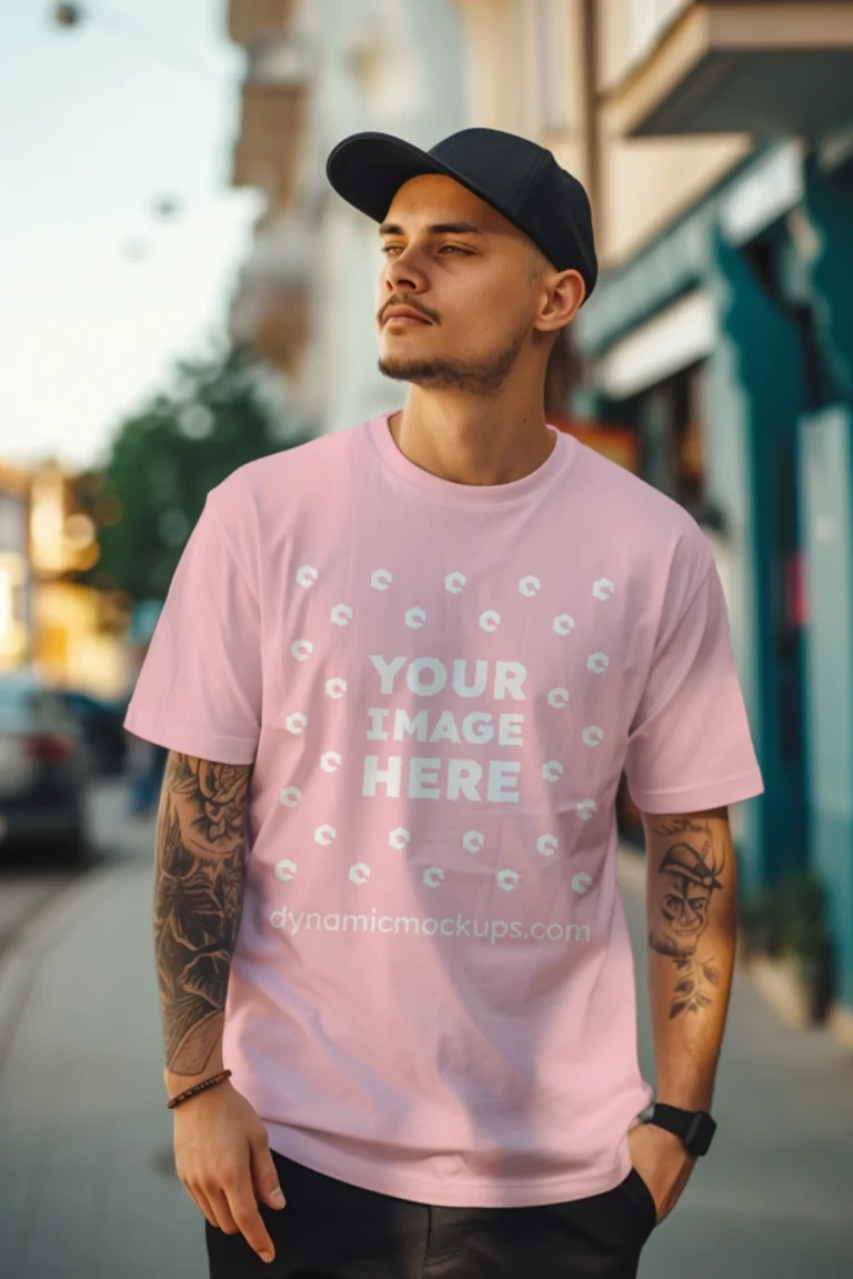 Man Wearing Pink T-shirt Mockup Front View Template