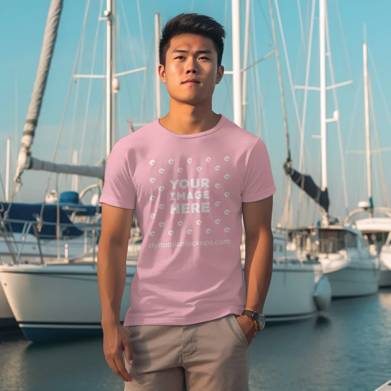 Man Wearing Pink T-shirt Mockup Front View Template