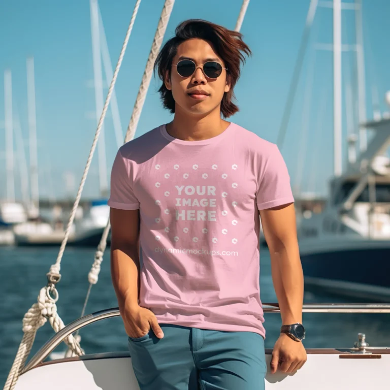 Man Wearing Pink T-shirt Mockup Front View Template