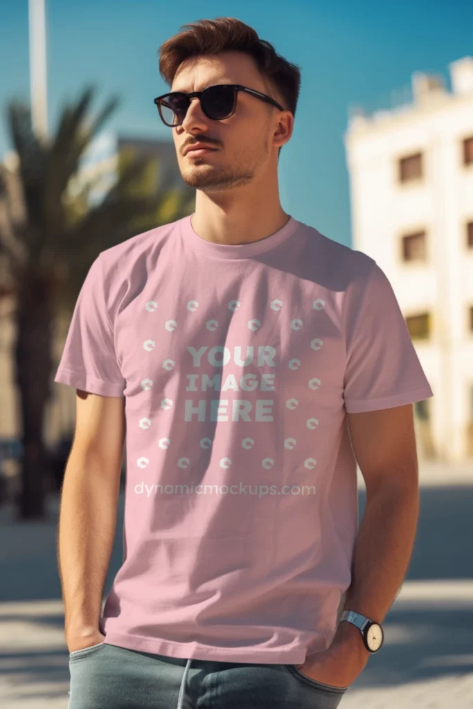 Man Wearing Pink T-shirt Mockup Front View Template