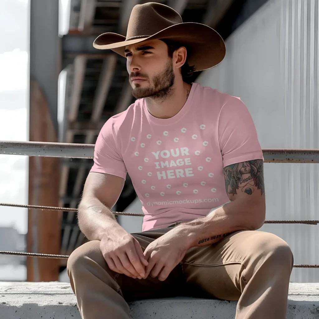 Man Wearing Pink T-shirt Mockup Front View Template