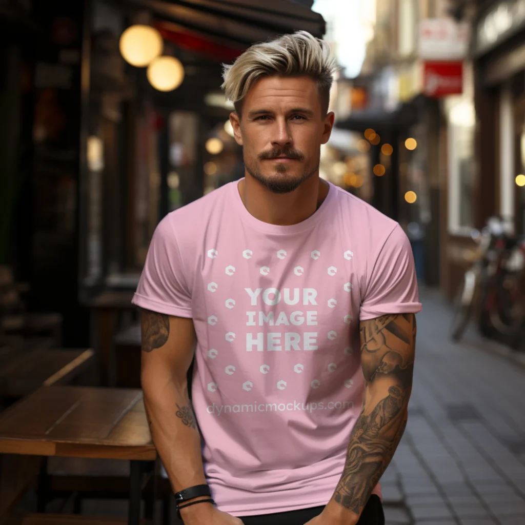 Man Wearing Pink T-shirt Mockup Front View Template