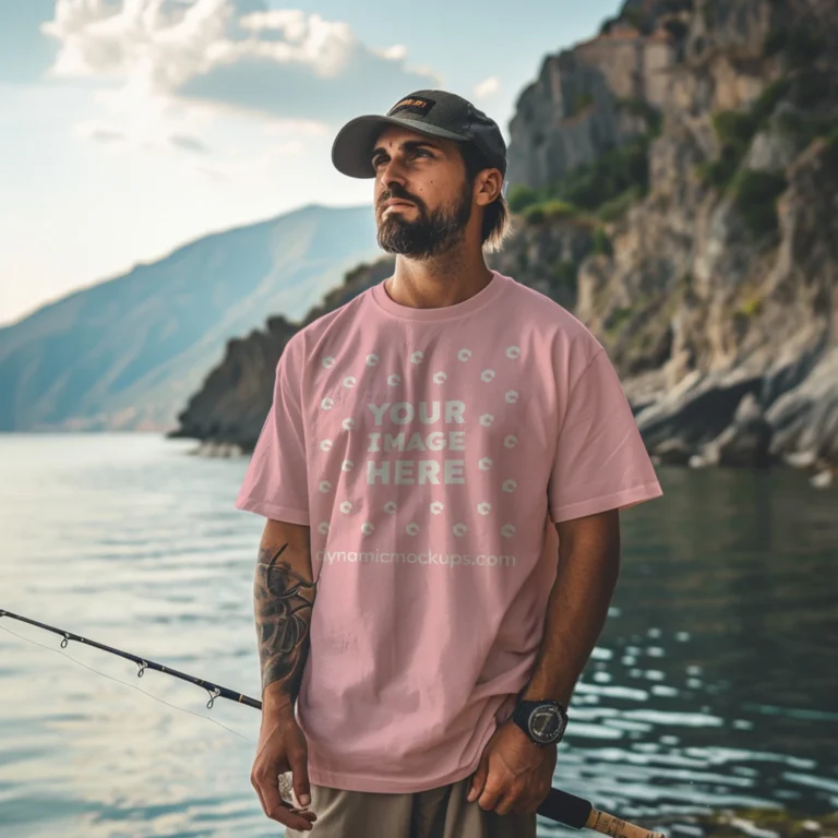 Man Wearing Pink T-shirt Mockup Front View Template