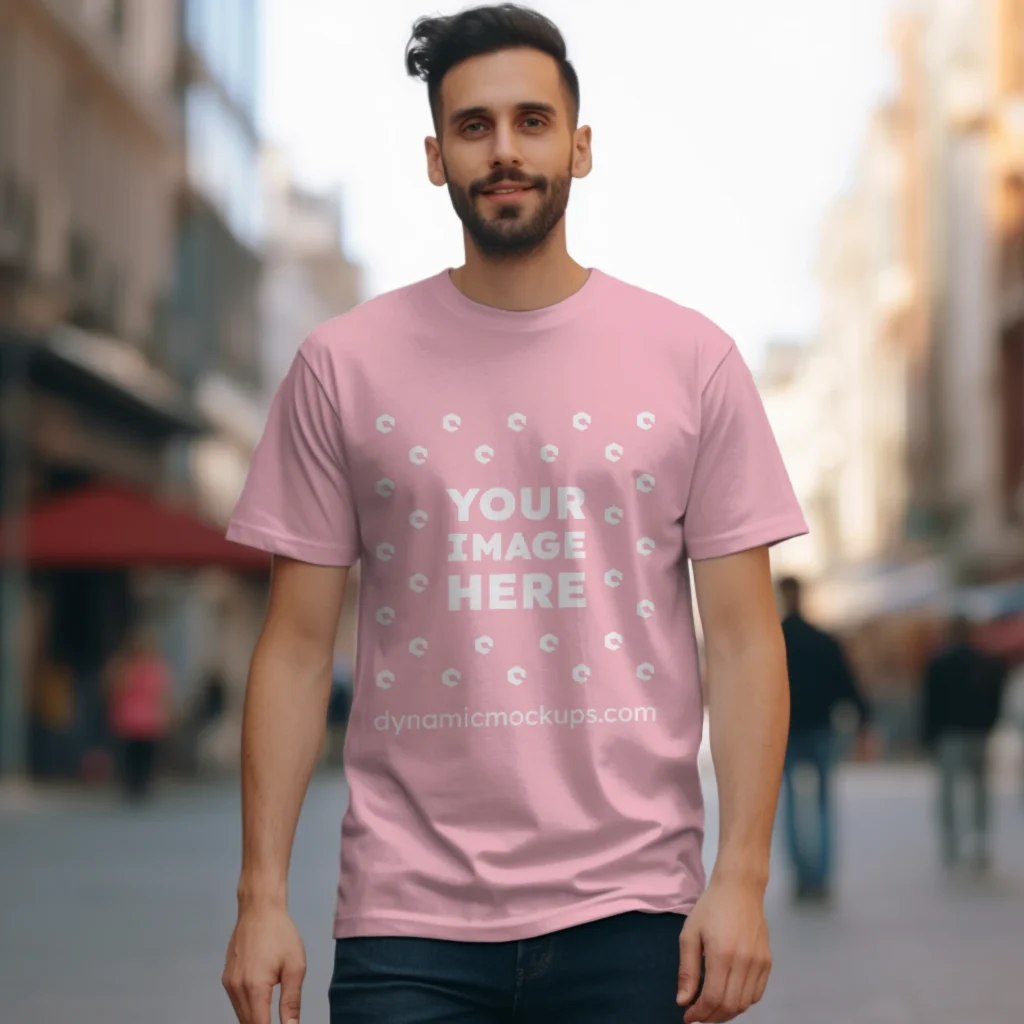 Man Wearing Pink T-shirt Mockup Front View Template