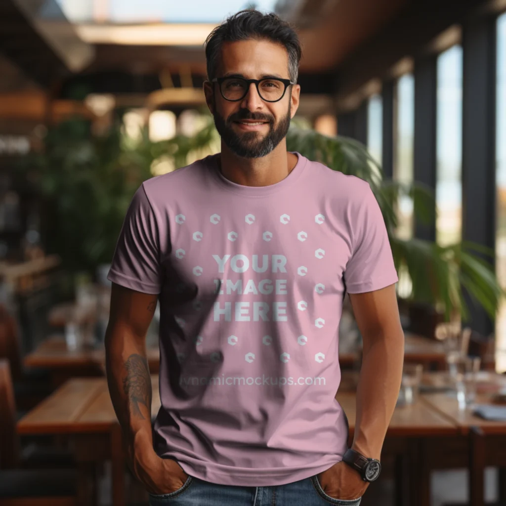 Man Wearing Pink T-shirt Mockup Front View Template