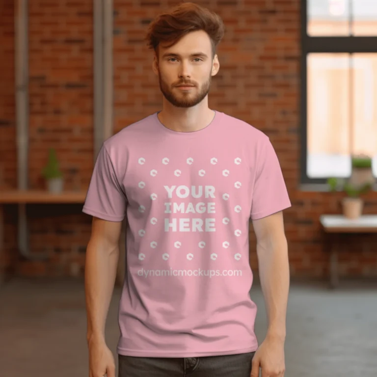 Man Wearing Pink T-shirt Mockup Front View Template