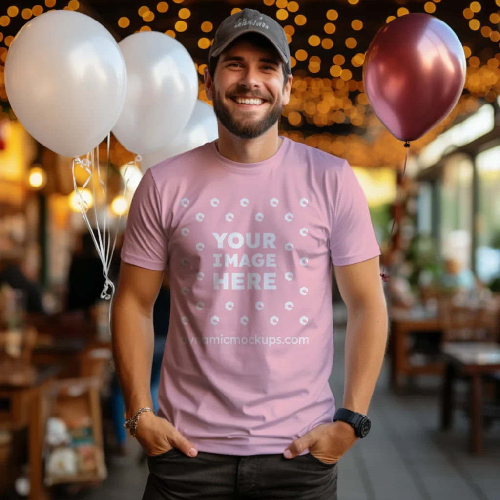 Man Wearing Pink T-shirt Mockup Front View Template