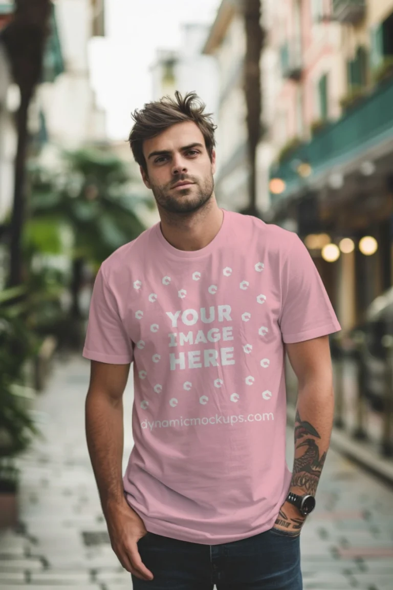 Man Wearing Pink T-shirt Mockup Front View Template