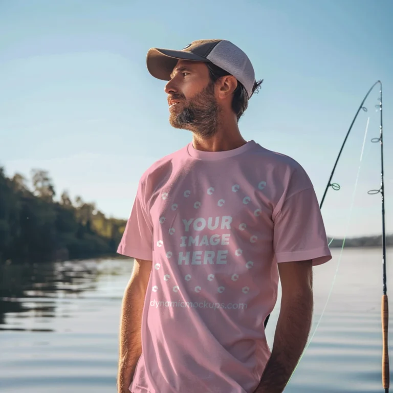 Man Wearing Pink T-shirt Mockup Front View Template