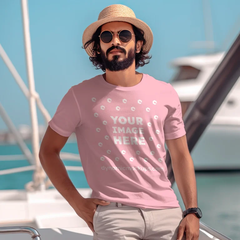 Man Wearing Pink T-shirt Mockup Front View Template