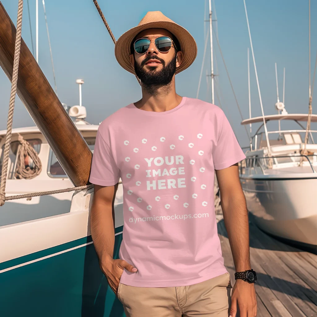 Man Wearing Pink T-shirt Mockup Front View Template