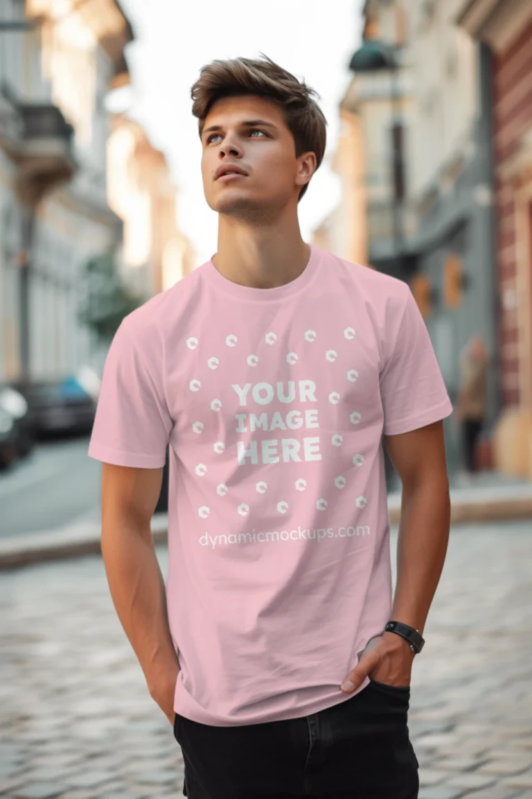 Man Wearing Pink T-shirt Mockup Front View Template