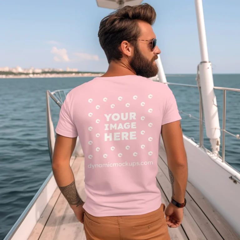 Man Wearing Pink T-shirt Mockup Back View Template