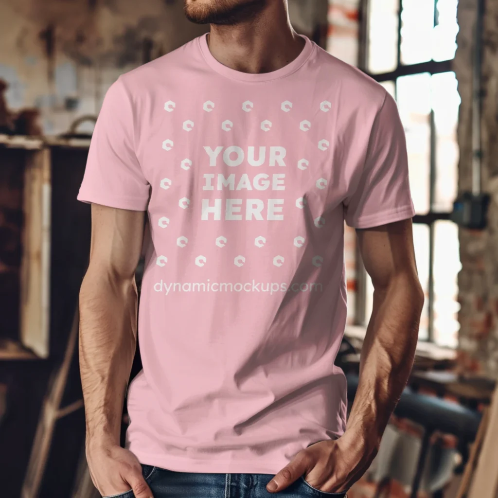 Man Wearing Pink T-shirt Mockup Front View Template