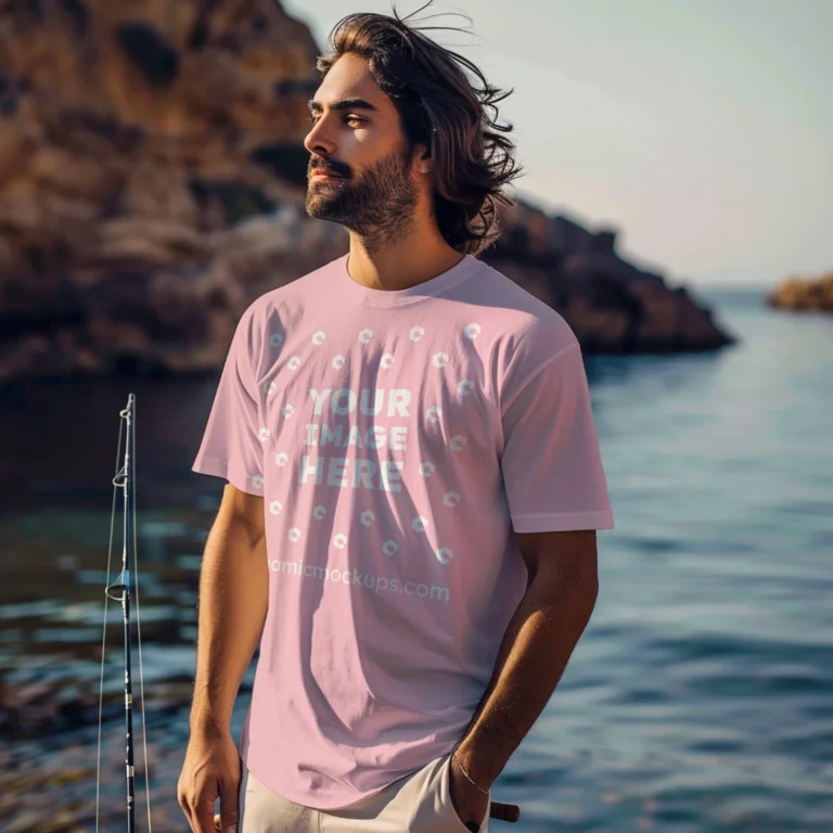 Man Wearing Pink T-shirt Mockup Front View Template