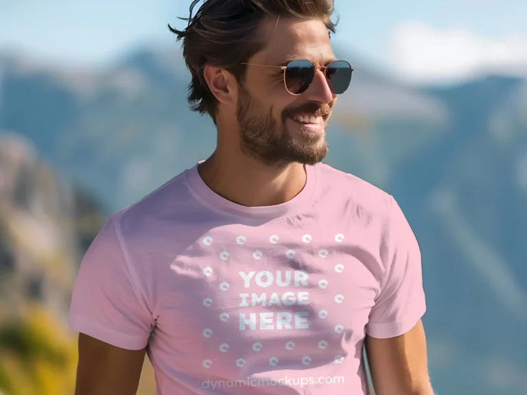 Man Wearing Pink T-shirt Mockup Front View Template