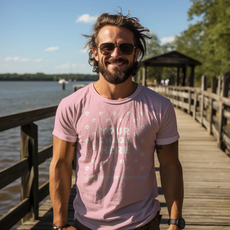 Man Wearing Pink T-shirt Mockup Front View Template