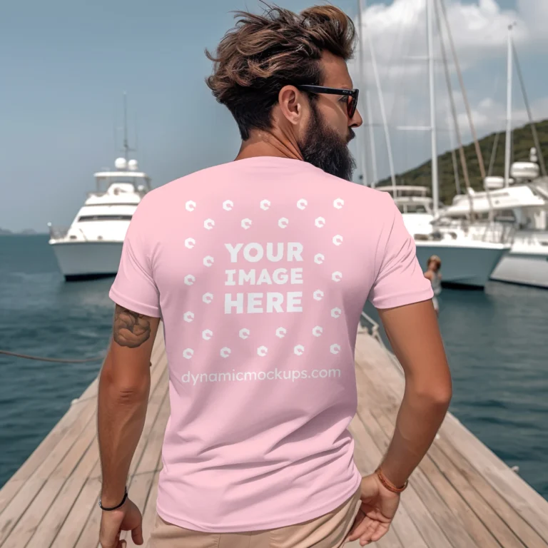 Man Wearing Pink T-shirt Mockup Back View Template