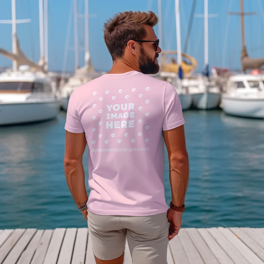 Man Wearing Pink T-shirt Mockup Back View Template