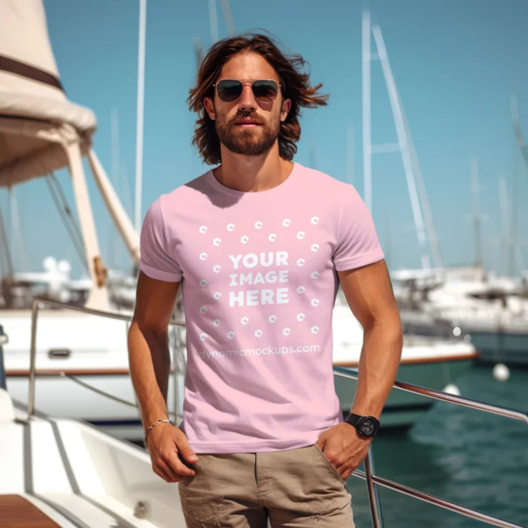 Man Wearing Pink T-shirt Mockup Front View Template