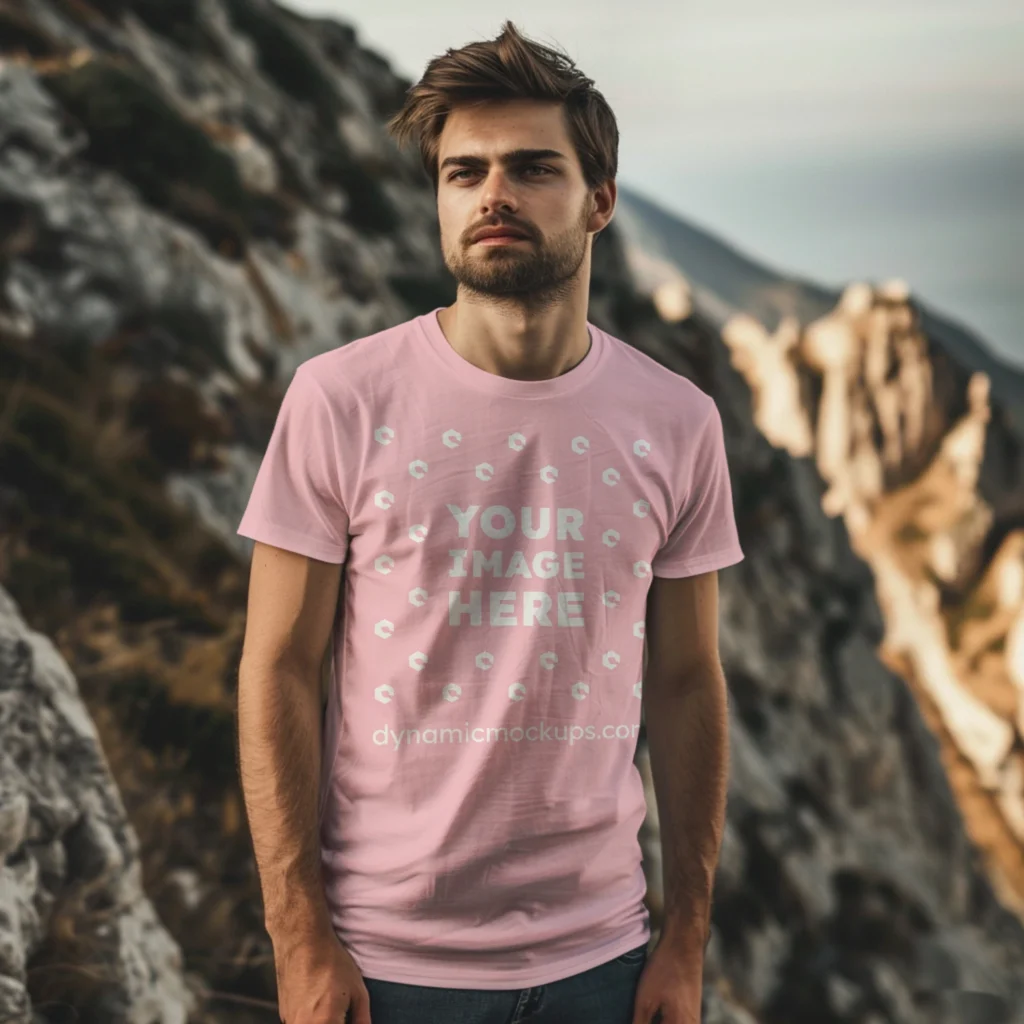 Man Wearing Pink T-shirt Mockup Front View Template