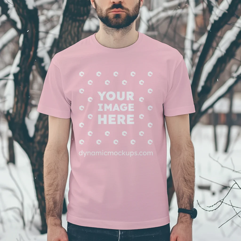 Man Wearing Pink T-shirt Mockup Front View Template