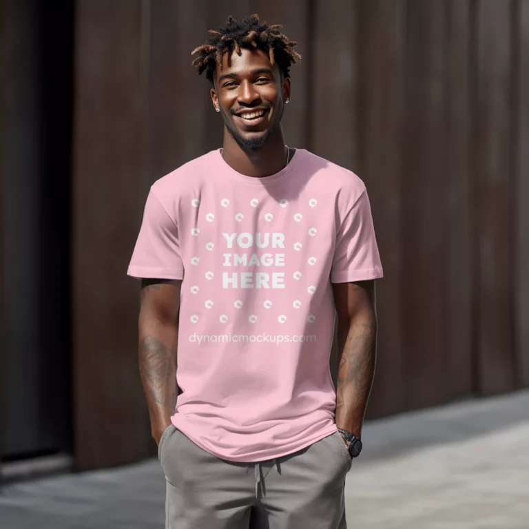 Man Wearing Pink T-shirt Mockup Front View Template