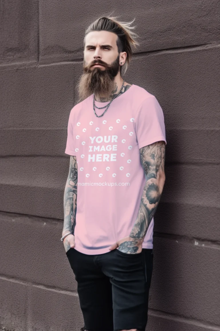 Man Wearing Pink T-shirt Mockup Front View Template