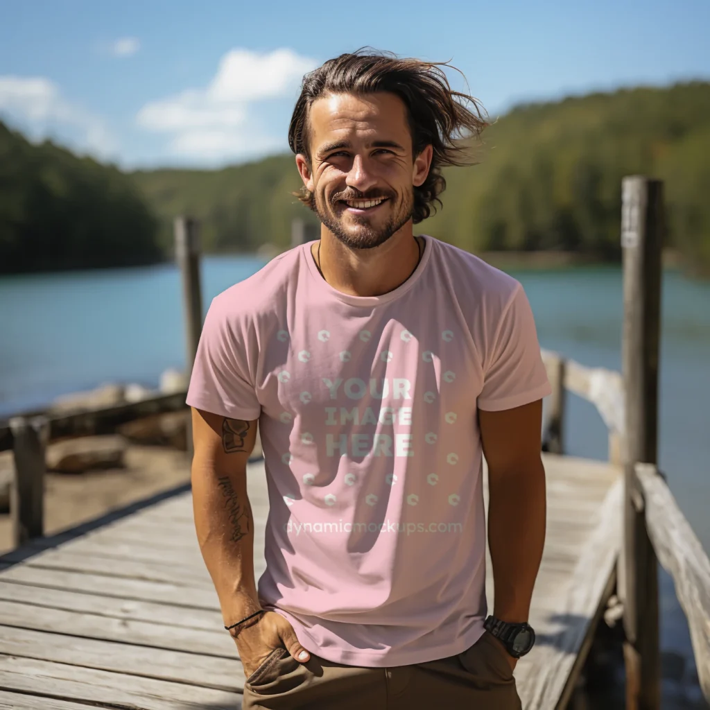 Man Wearing Pink T-shirt Mockup Front View Template