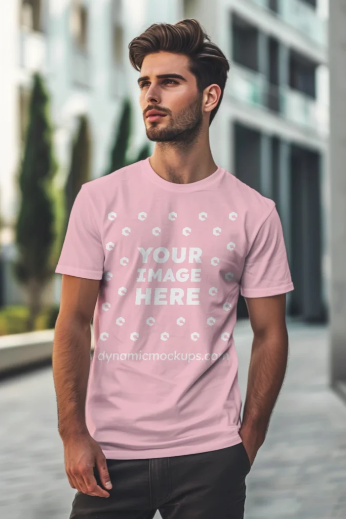 Man Wearing Pink T-shirt Mockup Front View Template