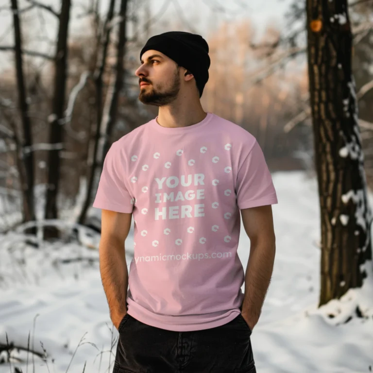 Man Wearing Pink T-shirt Mockup Front View Template