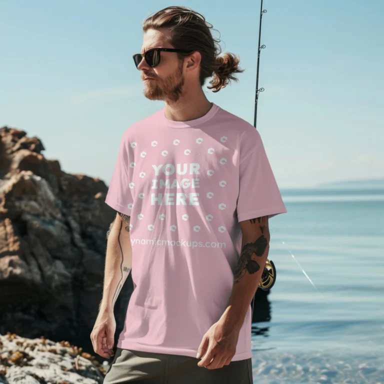 Man Wearing Pink T-shirt Mockup Front View Template