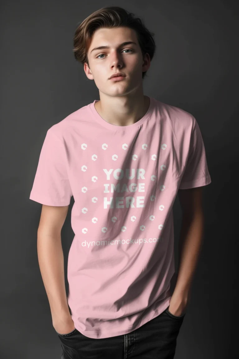 Man Wearing Pink T-shirt Mockup Front View Template