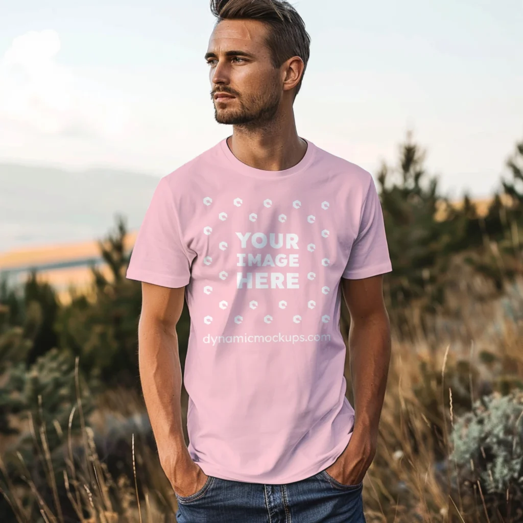 Man Wearing Pink T-shirt Mockup Front View Template