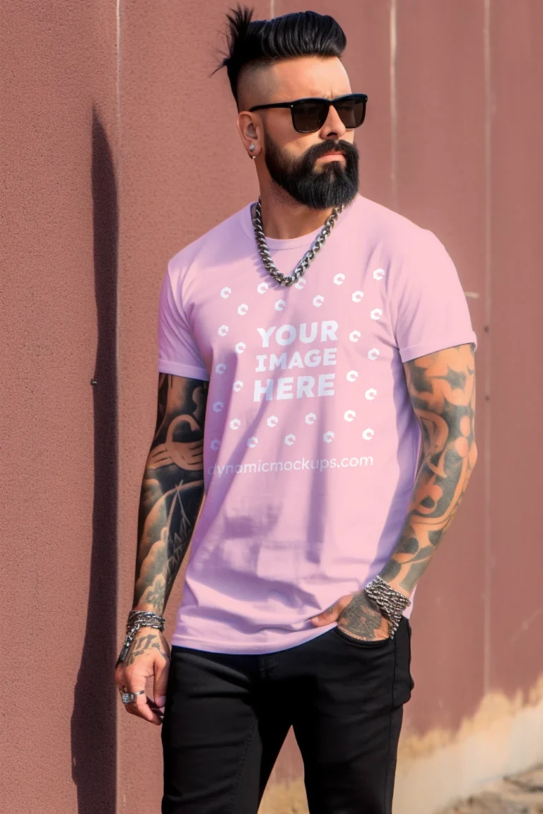 Man Wearing Pink T-shirt Mockup Front View Template