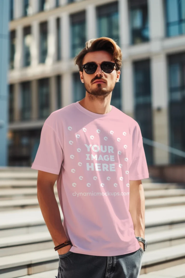 Man Wearing Pink T-shirt Mockup Front View Template