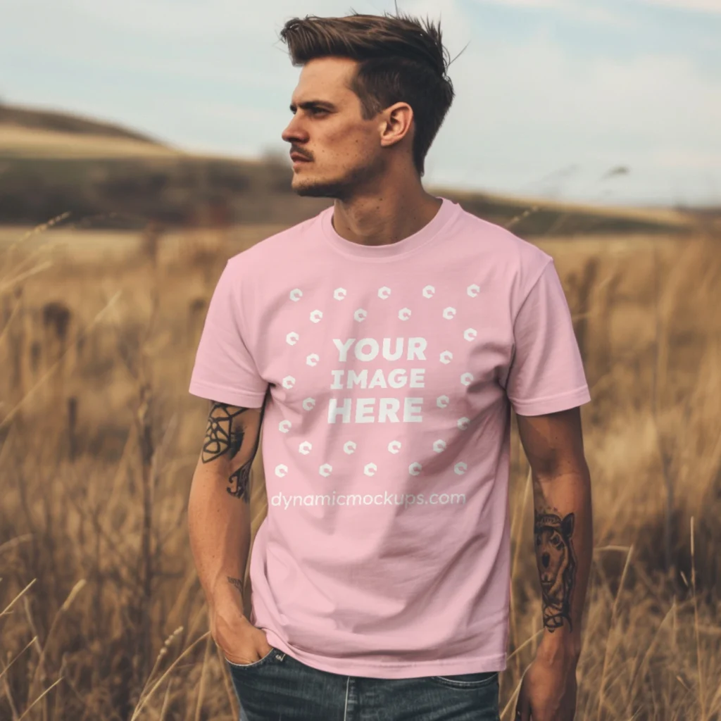 Man Wearing Pink T-shirt Mockup Front View Template