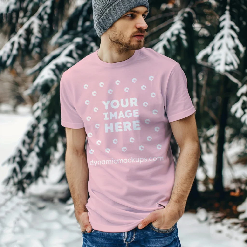 Man Wearing Pink T-shirt Mockup Front View Template