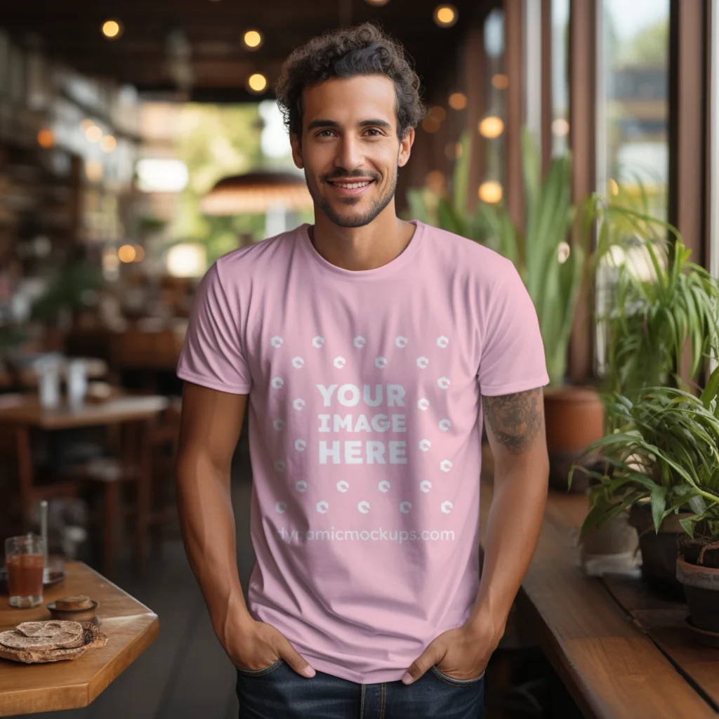 Man Wearing Pink T-shirt Mockup Front View Template