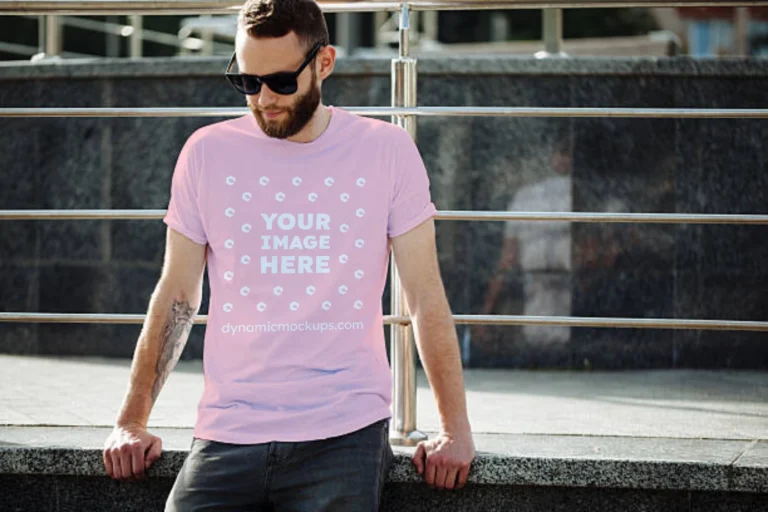 Man Wearing Pink T-shirt Mockup Front View Template