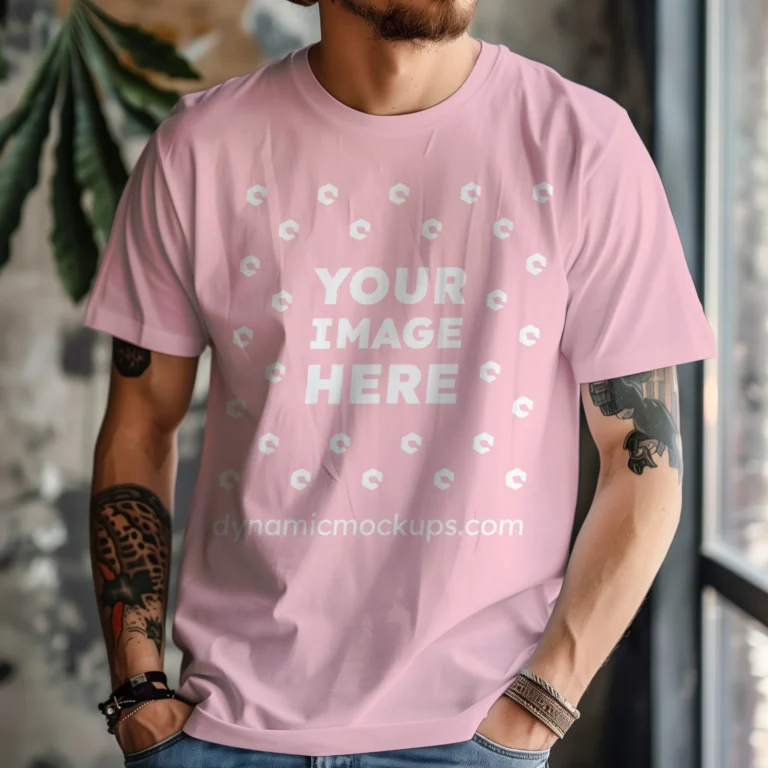 Man Wearing Pink T-shirt Mockup Front View Template