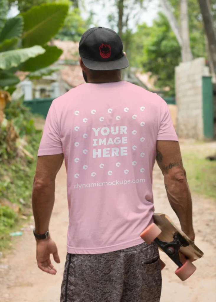 Man Wearing Pink T-shirt Mockup Back View Template