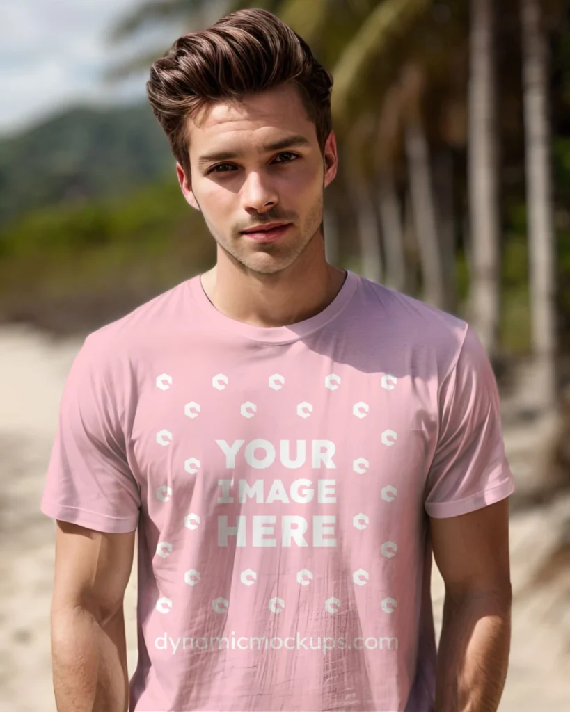 Man Wearing Pink T-shirt Mockup Front View Template