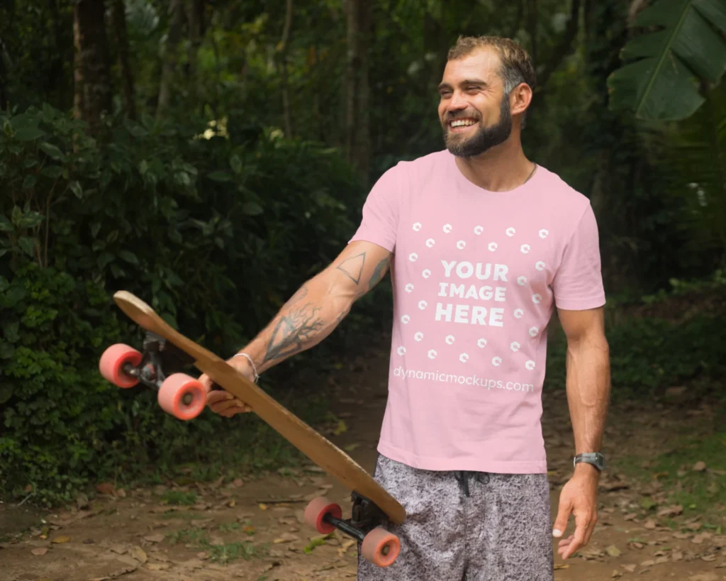 Man Wearing Pink T-shirt Mockup Front View Template